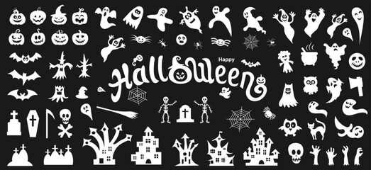 Big set of silhouettes of Halloween on a black background. Vector illustration