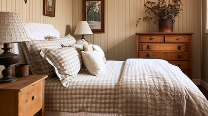 Farmhouse bedroom decor, interior design and wooden furniture, bed with country bedding, English country house, holiday rental and cottage style