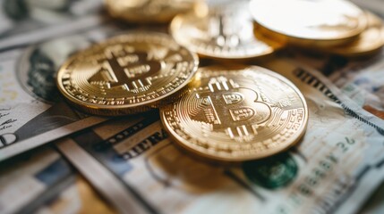 coins, bitcoin market and cryptocurrency concepts 