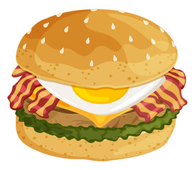 Breakfast Cheese Burger: Grilled Beef Patty, Bacon, Eggs, Lettuce on Sesame Bun