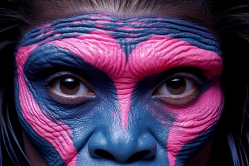 A close up of a person 's face with blue and pink paint on it