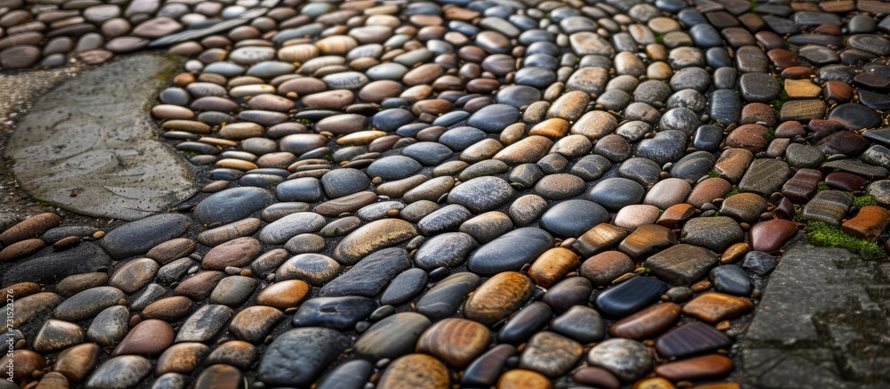 Poster pebble stone design achieved through embedding on ground.