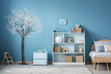 A soft powder blue wall in a child's room