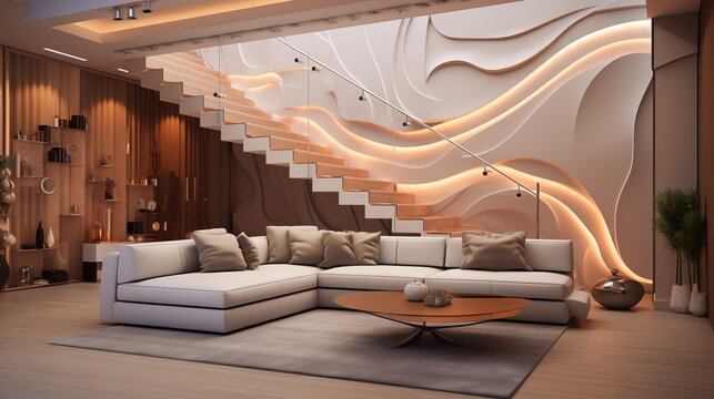 Captivating home basement interior design: stylish stairs, cozy sofas, and mesmerizing 3d wallpaper - discover the epitome of elegance on adobe stock
