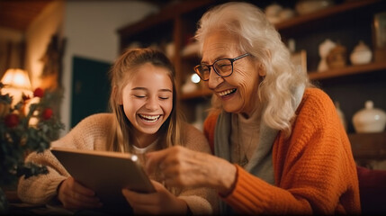 Adult daughter teaches her elderly mother how to use the tablet between laughter and learning, sharing some funny moments between them in the living room.
