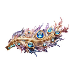 Naklejka premium Vibrant Gemstone-Encrusted Peacock Feather Brooch Featured on White Background