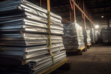 Aluminum in stack waiting for shipment in large warehouse.