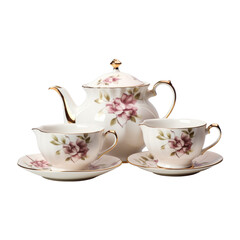 Victorian-Themed Porcelain Tea Set Featuring Fine Craftsmanship on White Background