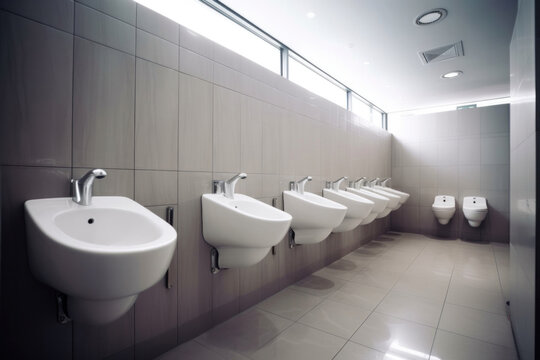 Interior of bathroom with sink basin faucet lined up and public toilet urinals, Modern bathroom design.