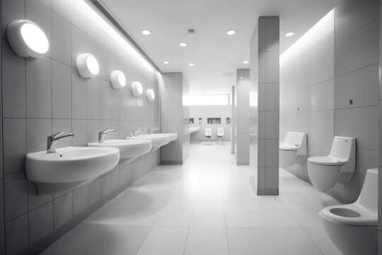 Interior of bathroom with sink basin faucet lined up and public toilet urinals, Modern bathroom design.