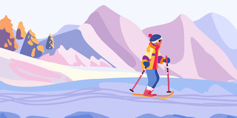 Old lady on a ski trip. Mountain landscape with ski tracks. Winter holidays and travel. Minimalism. Vector illustration.