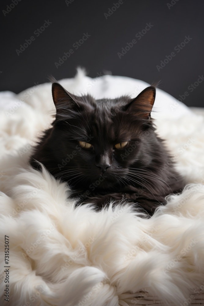 Wall mural AI generated illustration of a black cat sitting on a white fluffy blanket