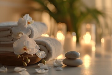 A stack of towels , flowers , and rocks on a table with candles in the background