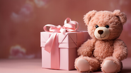 Teddy Bear Sitting Next to Pink Gift Box