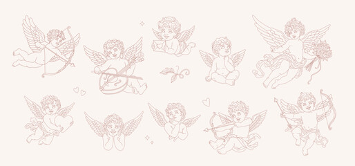 Vintage cherub outlines and line art for valentines day, Isolated cupid baby greek statues in outline style. retro little angels collection