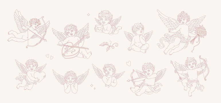 Vintage cherub outlines and line art for valentines day, Isolated cupid baby greek statues in outline style. retro little angels collection