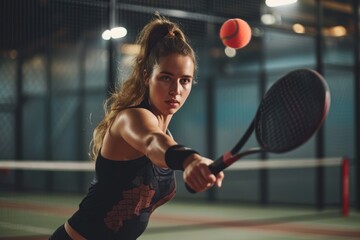 A beautiful woman is playing padel indoor