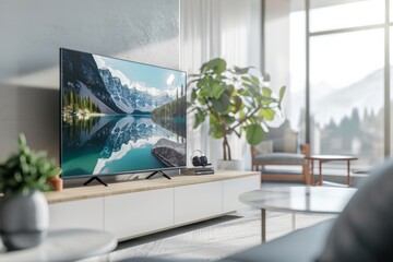 A smart TV mockup is shown on the cabinet in a modern living room