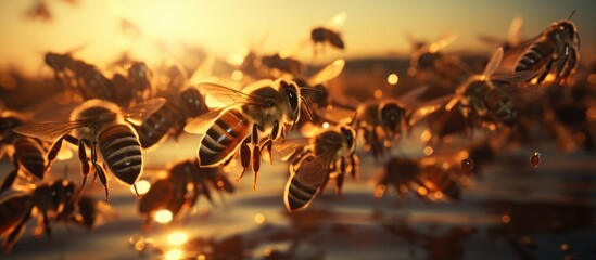A swarm of bees flying around in the air at sunset - obrazy, fototapety, plakaty