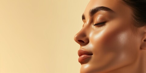 Woman with beautiful face touching healthy facial skin portrait