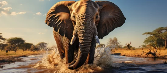 Fotobehang An African elephant walks swinging its trunk and spouting water under the hot sun © MBRAMO