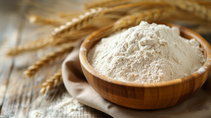 Fototapeta na wymiar Wheat flour in a wooden bowl