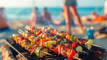 Summer bbq concept image with skewers on a hot barbecue on the beach with people in background