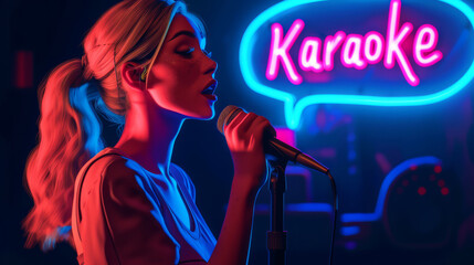 Karaoke night concept image with a young woman singing at karaoke in a bar next to a sign