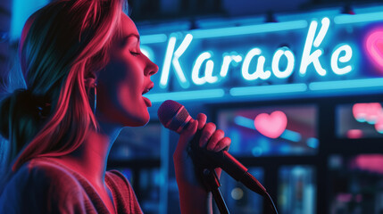 Karaoke night concept image with a young woman singing at karaoke in a bar next to a sign - Powered by Adobe