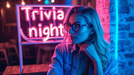 Trivia night concept image with a smart young woman participating to a Trivia night next to a sign