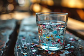 Microplastics, or minuscule plastic fragments, in a glass of water. The concept of drinking water being polluted with microplastics © Emanuel