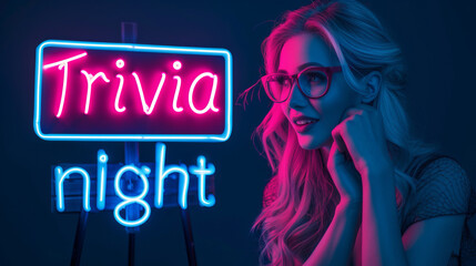 Trivia night concept image with a smart young woman participating to a Trivia night next to a sign