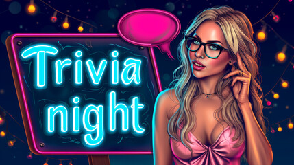 Trivia night concept illustration with a smart young woman participating to a Trivia night next to a sign