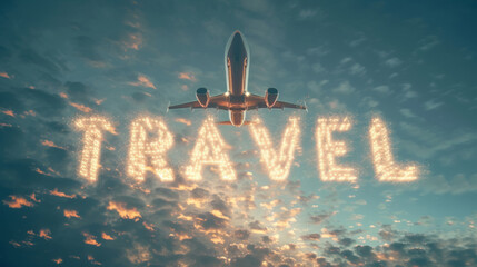 Travel concept image with a plane and written Travel word in the sky