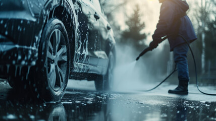 Washing a car with a high pressure washer - obrazy, fototapety, plakaty