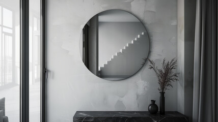 Large round mirror in a stylish interior