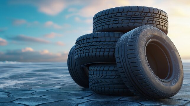 Car tire set. Stacks of car tires lie on their sides on top of each other.  Wheels summer and winter.