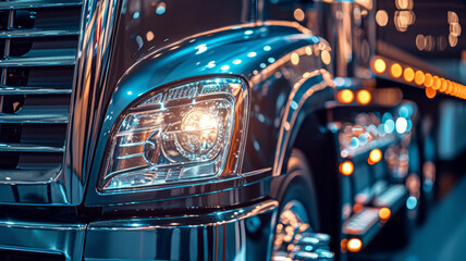 Close up of the headlight on a shiny new truck.