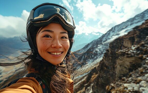 Woman with Ski goggles and Ski helmet on the snow mountain