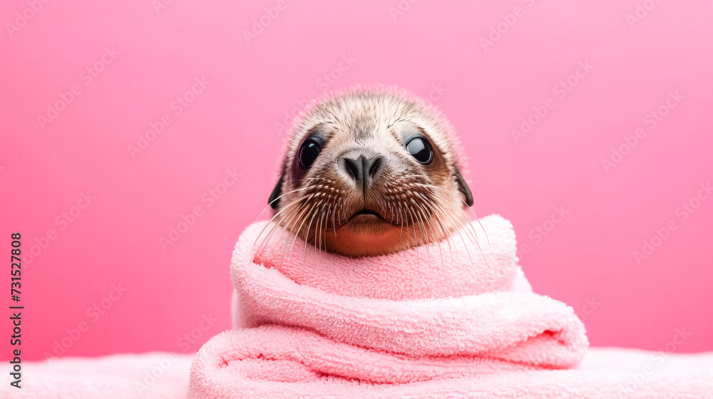 Wall mural A fur seal wrapped in a pink towel after a bath