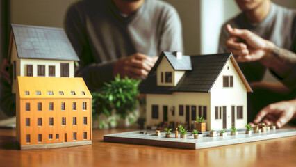 A model house is on a table with people pointing to an energy rating chart with labels A to G