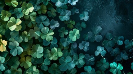 bright dark green clover leaves close up. The lush foliage is densely packed, creating a charming texture.