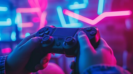 Close-up of hands playing the video game at night - obrazy, fototapety, plakaty