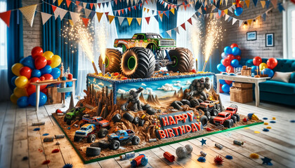 Happy birthday cake background, sprinkles and brithday. Theme  for a boy who loves monster trucks. Birthday card with balloons.Template for design banner,ticket, leaflet, card, poster and so on. 