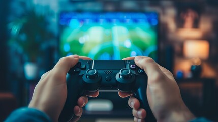 Playing video games on television is an enjoyable pastime for gamers. Man with gamepad holding a controller and playing video console.