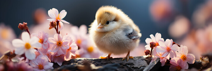 Tiny cute chicken between spring flowers, full of copy space, sun rays, seasonal panoramic background with copy space, easter holiday