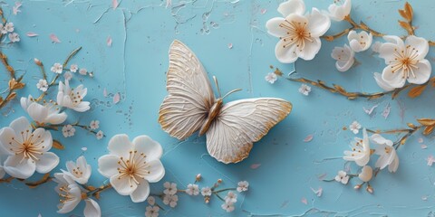 An elegant butterfly located in the center among blooming white flowers. Textured blue background decorated with cracks.Golden stems and leaves intertwined between flowers, Scattered petals