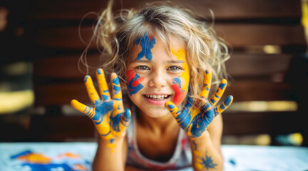A young girl with her face and hands painted in blue, yellow, and red