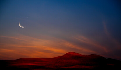 Islam Night Sky Moon Sunset Desert Background Mubaruk Greeting Islam Ramadan Element Masjid Aqsa...