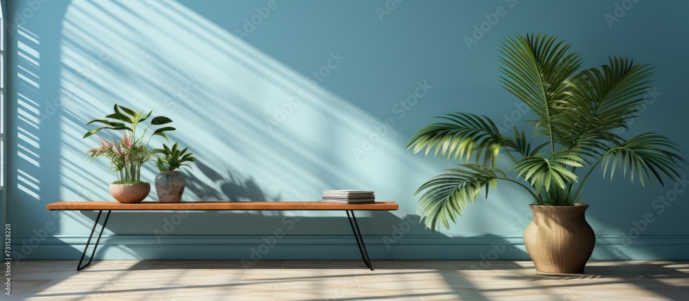 Poster studio interior space with light blue background with shadow of tropical palm leaves. 3d rendering o